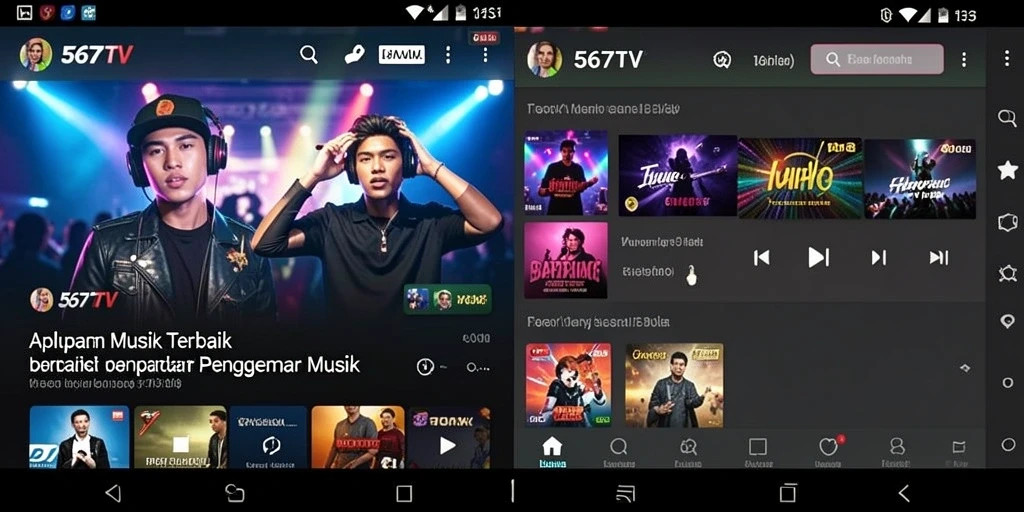 Tampilan screenshot utama aplikasi 567TV menampilkan berbagai pilihan lagu dan antarmuka menarik.