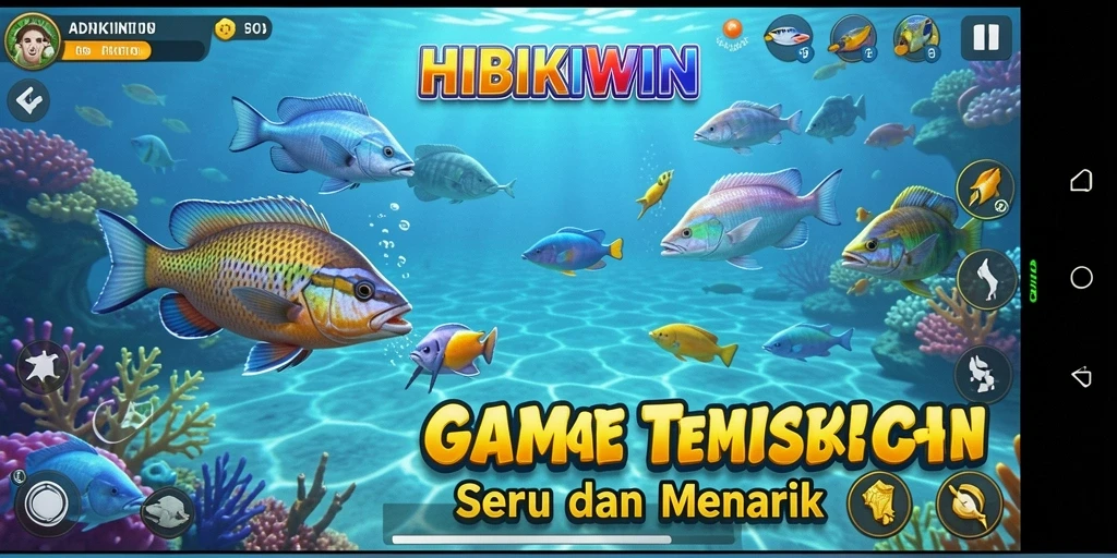 Tampilan gameplay seru dalam HIBIKIWIN saat menembak ikan.