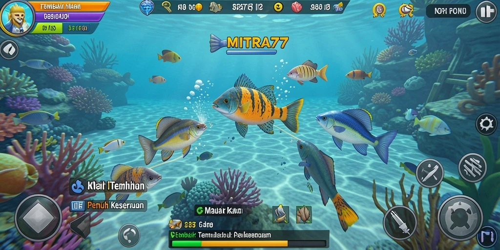 Screenshot permainan Tembak Ikan MITRA77 yang menampilkan aksi menembak.