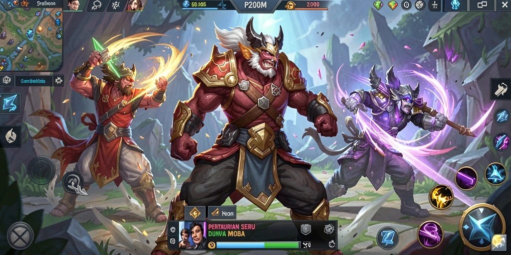 Tampilan screenshot permainan P200M dengan aksi intens MOBA.