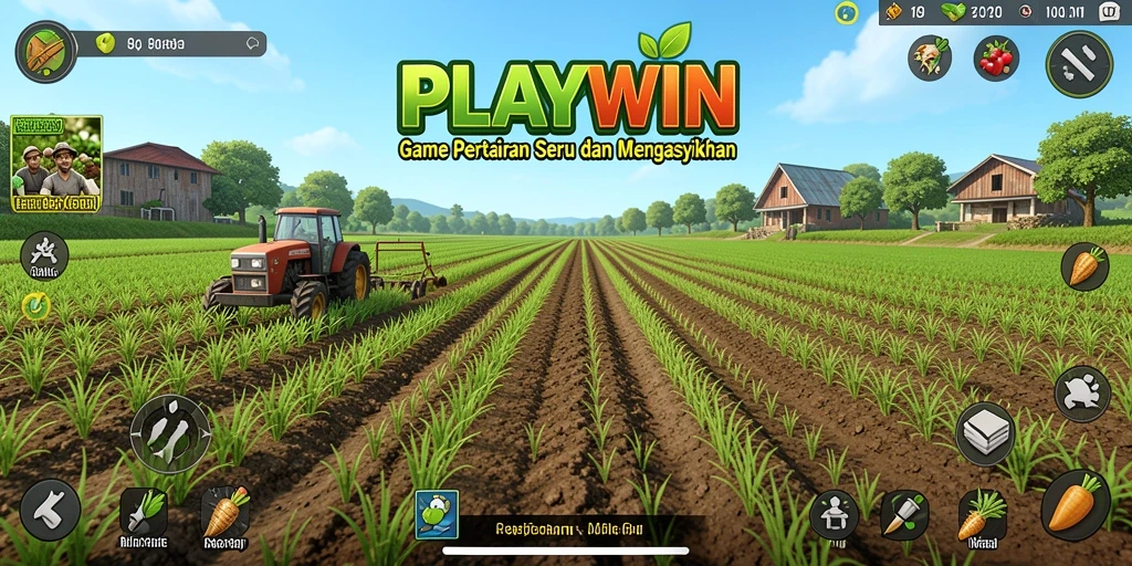 Tampilan pertanian yang indah dalam <strong>PLAYWIN</strong> dengan berbagai tanaman dan hewan.