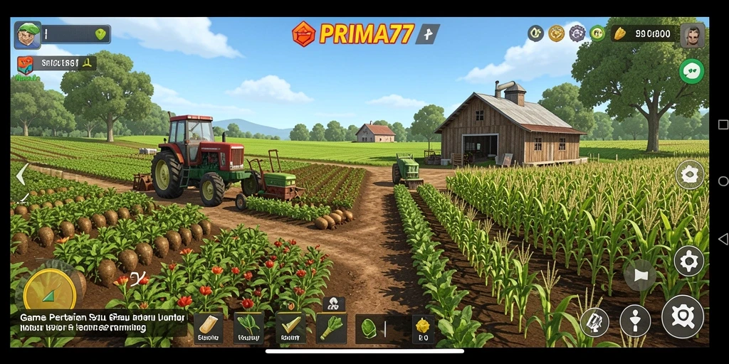 Screenshot gameplay <strong>PRIMA77</strong> menampilkan kebun indah dengan hasil panen melimpah.
